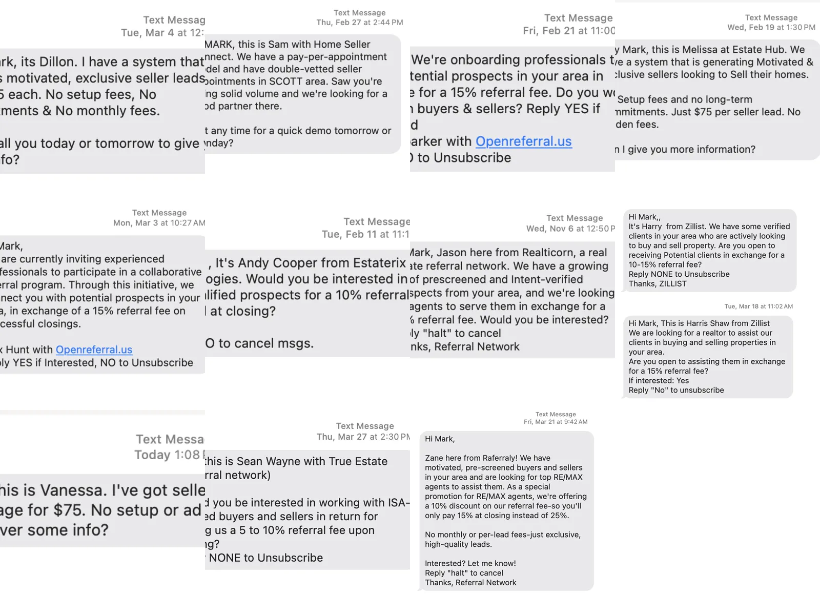 Lead-gen spam collage showing examples of texts and emails